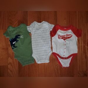 Newborn Cotton Dino Green, Striped White, and Baseball Red ShortSleeve Bodysuits